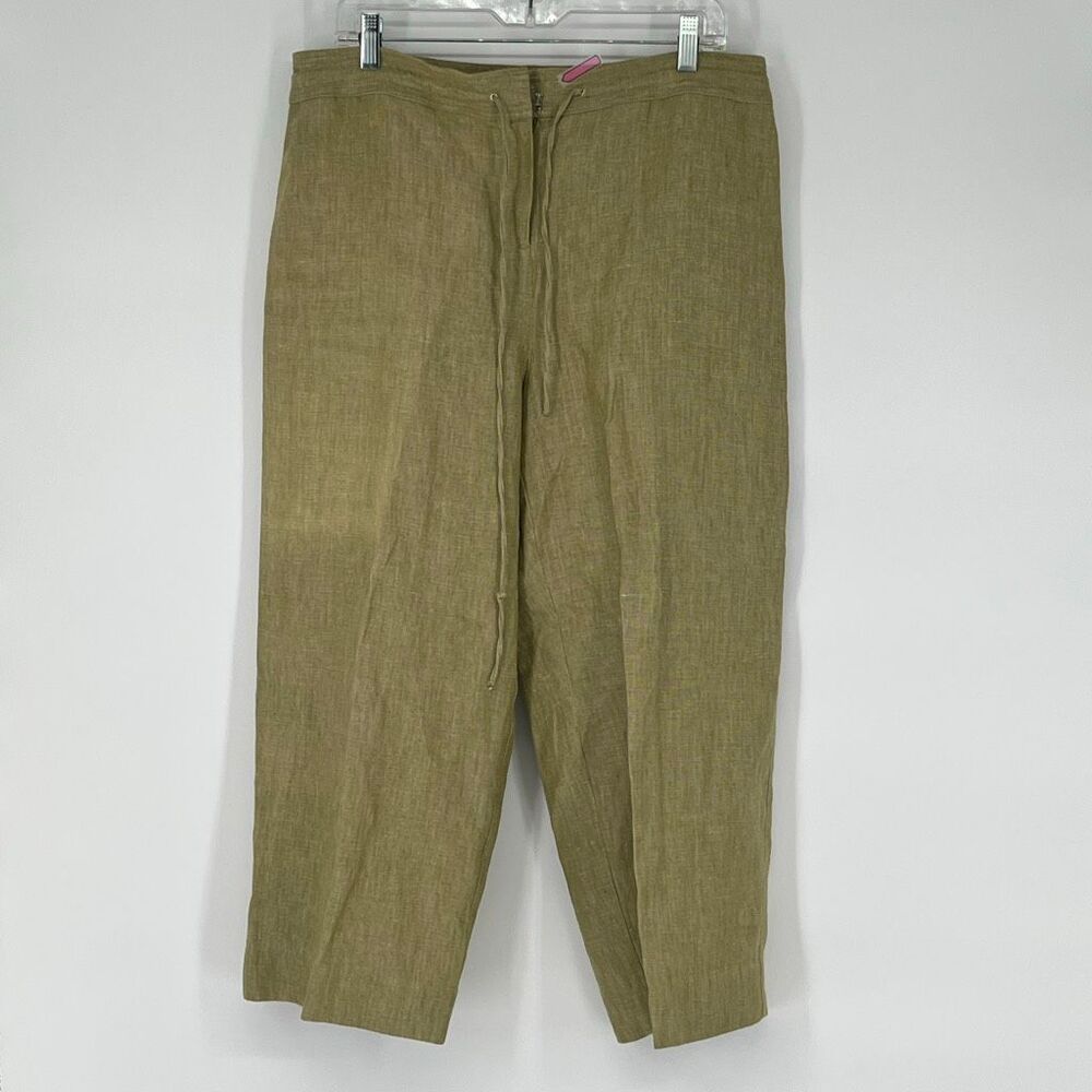 PECK & PECK Women's Linen Capri Pants 12 Large Olive‎ Green Drawstring Wide Leg